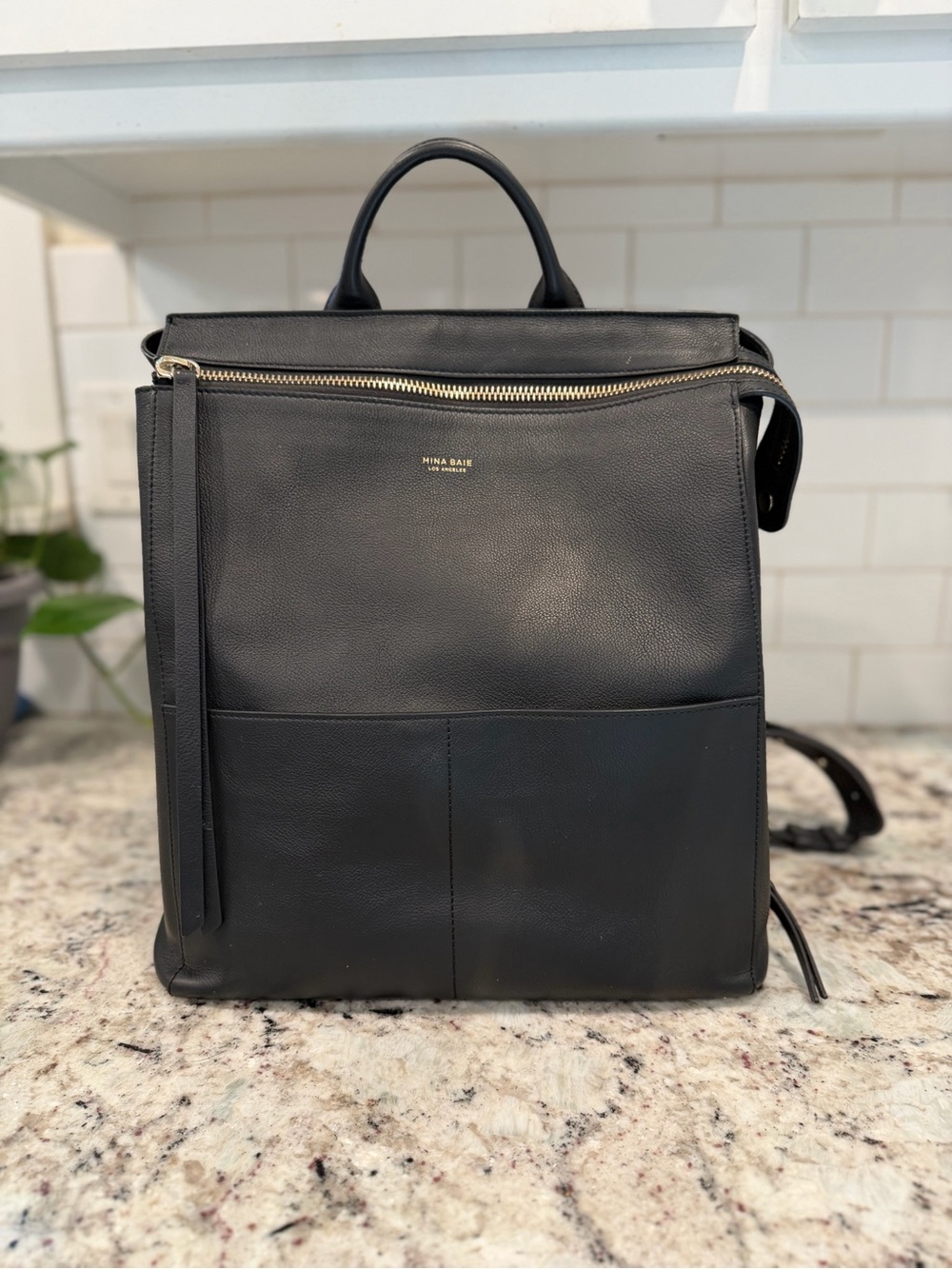 Mina Baie Black Leather Everyday diaper Backpack